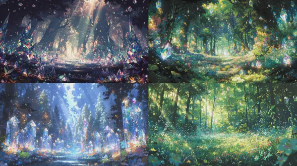 万花筒之森场景插画，动漫写实风格，森林由无数棱镜与发光植物构成，光影折射绚丽丰富，中心对称构图，充满几何美感，环境宏大多彩，广角镜头，景深极强，体积光，丁达尔效应，色彩斑斓，晶莹剔透，奇幻而宁静。