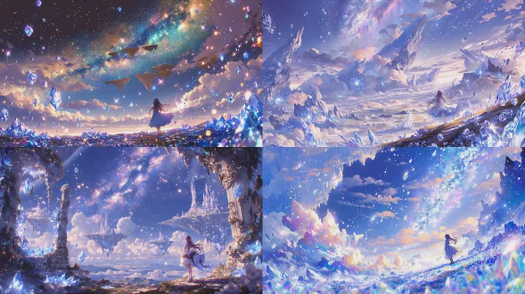 细节光影丰富的异世界动漫场景，广阔幻想废墟景观，破碎浮空大陆与发光水晶，远景巨型星云，宫崎骏吉卜力风格结合细田守动画美学，空灵少女眺望远方，微风拂动长发与轻盈长裙，柔和梦幻光线，体积光与丁达尔效应，温暖黄昏色调，广角镜头，极致细节与景深，宫崎骏风格，静谧而充满希望的情感。