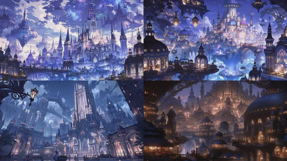 异世界动漫场景，细节光影丰富，宏大奇幻城市漂浮空中，赛璐珞动画风格，电影级构图，蒸汽朋克与魔法元素交织，黄昏时分，戏剧性侧光与体积光，广角镜头，高动态范围，饱和色彩，充满敬畏与探索情绪。