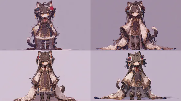 masterpiece, best quality, ultra detailed, 8k, anime style, full body shot, centered composition, young girl with animal ears, long brown straight hair with ahoge, neat bangs, intricate hair accessories with blue-red flowers, white lace, dark blue ribbons, and gold tassels, gentle amber eyes, shy expression, slight blush, golden-embroidered inner shirt with red neck ribbon, dark brown sleeveless dress with gold trim and curly patterns, white long outer robe with dark brown borders and blue tassels, dark gray tights, brown boots with laces, fluffy dark brown tail with white tip, plain light purple background, soft lighting, elegant atmosphere, cel shading, studio ghibli style