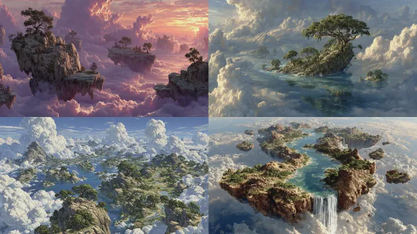 奇幻写实风格，浮空岛屿如仙境，美丽风景，丰富的色彩与光影，对角线构图，广角镜头，戏剧性侧光，高饱和度，柔和阴影，流动的云层，宁静而壮丽的情绪。