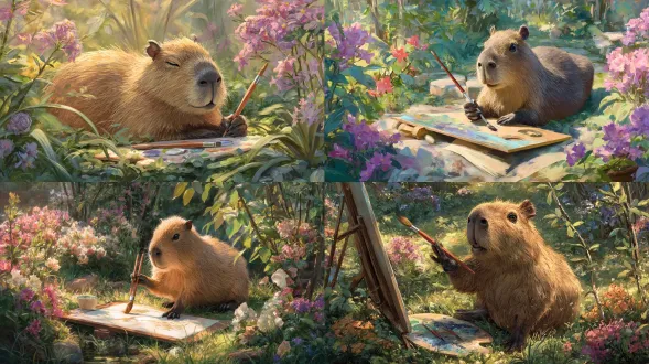 可爱的卡皮巴拉拿着画笔悠闲得在作画，阳光洒在画布上，自然光，温暖色调，柔和阴影，浅景深，户外花园，花草环绕，写实风格，微笑表情，轻松氛围，细节丰富，悠闲姿态，微风轻拂，色彩鲜艳，油画质感，35mm镜头，午后阳光，宁静愉悦。