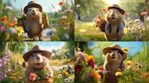 卡通卡皮巴拉背着书包戴帽子郊游，花园花草环绕，微笑表情，轻松悠闲，细节丰富，微风轻拂，色彩鲜艳，午后阳光，宁静愉悦，广角镜头，柔光，自然光，高饱和度，动态模糊，生动活泼，温暖色调，低角度拍摄，景深效果，卡通渲染，生动表情。