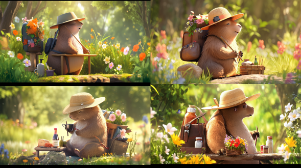 "卡通卡皮巴拉背着书包戴帽子郊游，花园环境，花草繁茂，微笑表情，轻松悠闲，细节精致，微风吹拂，色彩鲜艳，午后柔和阳光，宁静愉悦氛围，广角镜头，自然光，高饱和度，动态捕捉，生动活泼，温暖色调，柔和阴影，卡通渲染，丰富层次感，欢乐情绪。"