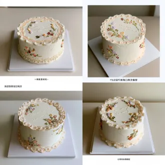 single-tier round buttercream cake, real bakery handmade cake, physically fully achievable, no impossible structures, photorealistic food photography, soft natural window side light. cake body: low saturation off-white matte animal buttercream, subtle gentle hand-smoothed texture, slight natural unevenness, not perfectly plastic smooth. cake top edge: petal-shaped scalloped cream border, hand piped soft cream lace lines, inlaid small edible white pearl beads evenly along the scallop edge. cake top surface: scattered hand-piped tiny embroidery-style buttercream flowers, small tulips, clover, mini berry clusters and thin green leaves. muted soft color palette: pale lavender, light peach, soft yellow, moss green, faint red, low saturation, no bright gaudy colors. delicate but not overcrowded, leave plenty of blank cream space on the top. handwritten buttercream text in the center of cake top, soft casual cursive font, neat and natural. cake side: continue a small amount of matching embroidery flowers and leaves, sparsely distributed, do not fully cover the side, retain large blank cream area. cake bottom edge: repeat the same scalloped petal cream border and small pearl decoration, consistent with top edge. place cake on a clean white square cake board. composition: eye-level shot, focus on the piped flower details, shallow depth of field, simple neutral background, warm soft tone, quiet life aesthetic style, elegant and comfortable, stunning but not exaggerated.