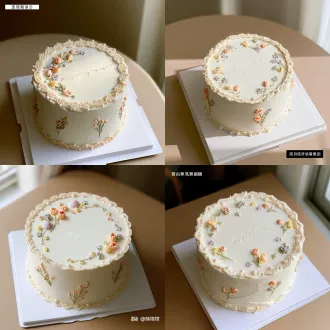 single-tier round buttercream cake, real bakery handmade cake, fully physically achievable, photorealistic food shot, soft gentle natural side window light. cake body: matte off-white animal buttercream, subtle hand-smoothed texture, slight natural unevenness, no plastic smooth fake look. top border: delicate piped cream lace scalloped frame, small edible white pearls arranged along lace edge, remove heavy vintage lace feeling, simplify lace pattern to be cleaner and younger. top surface: inside the lace frame, sparse hand-piped mini embroidery-style buttercream flowers, tiny tulips, forget-me-not, small clover, thin green stems and leaves. low saturation fresh palette: pale peach, soft lavender, baby yellow, muted sage green, faint blush pink. no deep red heavy berry tones, keep color light and airy. leave large blank cream space in the center, place simple cursive handwritten cream text for couples, font soft and slim, not old-fashioned. cake side: scattered sparse little flower sprigs, small flower clusters, only 3~5 groups on whole side, not dense. floral stems stretch naturally, minimalist romantic vibe for lovers, not mature mother-style heavy floral. bottom edge: simplified thin cream lace + sparse pearls, lighter than mom-style cake, reduce complicated lace layers. cake sits on clean white square cake board. style: youthful, fresh, quiet romantic, life aesthetic, suitable for couple anniversary / dating birthday. focus on flower piped details, shallow depth of field, neutral plain background, warm soft tone, stunning but restrained, no overdecorated heavy vintage feeling.
