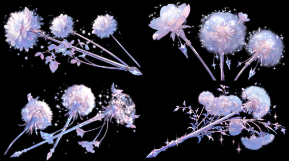 蒲公英武器，魔法棒，毛绒绒的蒲公英魔法棒:2，毛绒发光发光绚丽特效，偏q版，白色的蒲公英有握柄，草元素，春天，绿意盎然感，魔法棒武器，游戏概念设计图，完整的形态展现，高清，三视图，高品质，空白黑色背景