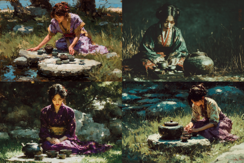 金色紫色丝绸服装的亚洲古代人物，阳光斑驳的草地，有一个石质的茶席，茶席中间铺着一条水墨绿的茶巾，茶巾上有2套精美的茶具，古树溪水背景，古典油画风格，细腻笔触，柔和自然光，优雅姿态，温暖色调，高级灰，柔和阴影，厚重颜料，层次感，宁静表情，丝绸光泽，细腻过渡，深沉背景，光影交错，典雅气质，大师级构图，丰富质感，和谐场景，古典美学