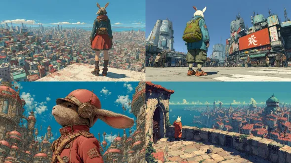 插画作品，水平角度未来城市景观，近景为穿制服的兔子，宫崎骏风格，大师作品，天空晴朗，4k展示