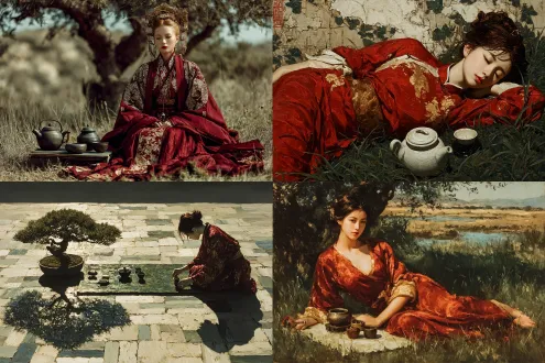 金色深红丝绸服装的亚洲古代人物，阳光斑驳的草地，有一个石质的茶席，茶席中间铺着一条水墨绿的茶巾，有1套精美的茶具，古树溪水背景，古典油画风格，细腻笔触，柔和自然光，优雅姿态，温暖色调，高级灰，柔和阴影，厚重颜料，层次感，宁静表情，丝绸光泽，细腻过渡，深沉背景，光影交错，典雅气质，大师级构图，丰富质感，和谐场景，古典美学