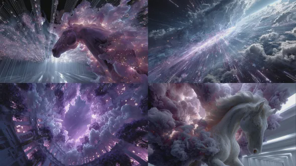 仰拍史诗广角，巨大半透明穹顶构成的星穹骏马奔腾于宇宙峡谷，体内融合未来上海与古典马德里，霓虹垂直森林与全息浮空广场交织，骏马由星云气体、发光晶格与光数据流构成，超写实生物仿生建筑，空灵照明与上帝之光，宇宙紫电青金配色，融合西德米德未来主义与比普尔史诗感，广角镜头，低角度，高动态范围，缥缈梦幻，震撼人心。