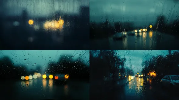 abstract out-of-focus photograph taken through rain-streaked glass at night. the entire image dissolves into deep indigo-black and dark petrol-green color fields. two faint blurred light patches appear at different heights in the lower half, one muted amber and one pale blue-gray, separated by a broad area of darkness. indistinct rain trails, soft bleeding edges, spacious dark upper half. low exposure, low saturation, gentle halation, pronounced fine film grain, aged analog photographic texture.