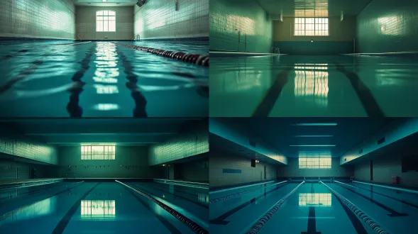 wide vertical photograph of an empty indoor swimming pool after the last afternoon class. deep dark-teal water fills the lower two-thirds. thin lane ropes extend toward the dim far end. one high window casts a faint amber reflection across gentle ripples. poolside tiles and the upper walls disappear softly into blue-green shadow. low contrast, humid atmosphere, delicate reflected light, visible dark tones, fine analog film grain, quiet intimate cinematic photography.