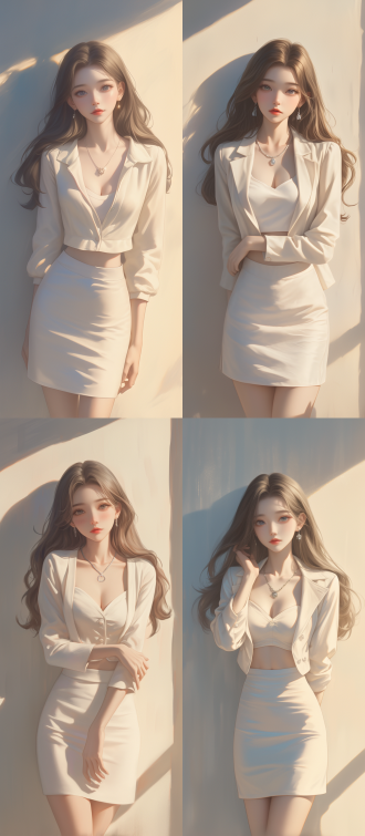 漂亮女孩穿白色短裙，三分法构图，冷色调，长焦镜头，顶光，站立，优雅，白皙皮肤，柔和阴影，简约背景，高光细节，自然妆容，飘逸长发，宁静氛围，低饱和度。