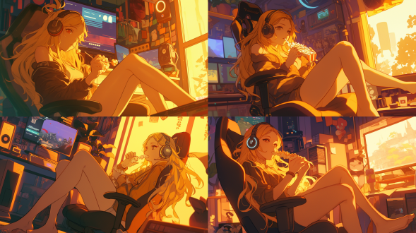 一个金灿发色的女孩子，在自己的卧室坐在电竞椅，双腿盘着坐漏肤白貌美大长腿，双手捧着爆米花吃着看着电影，女孩表情生动，卧室灯没有开，只有电脑投放电影的光亮。