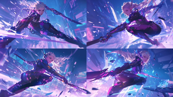 剑星女主手持利刃战斗，修长腿部特写，未来科幻装甲，金属质感与流线型设计，冷峻眼神与坚定表情，城市废墟背景，霓虹灯光与烟雾效果，动态模糊，广角镜头，低角度拍摄，高对比度，蓝紫色调，侧逆光，刀光剑影，速度感与力量感，科幻风格，赛博朋克氛围。