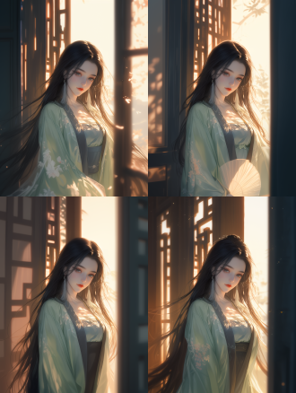 "高清cg渲染动漫风格中国女子，黑色长发，汉服，温柔自信，自然色调，远景，明亮细节，古代服饰，静态放松，高画质，细腻质感，柔和光线，美丽氛围，广角镜头，浅景深，精致面容，优雅姿态，中国风背景，温暖色调，宁静情感。"