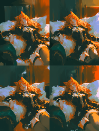 崩坏：星穹铁道，wlop风格，橙红长发猫娘女仆侧卧软枕，表情放松露齿，低角度聚焦脸，戏剧性光照，高细节，浅景深，冷调点缀。