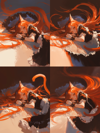 崩坏：星穹铁道，wlop风格，橙红长发猫娘女仆侧卧软枕，表情放松露齿，低角度聚焦脸，戏剧性光照，高细节，浅景深，冷调点缀。