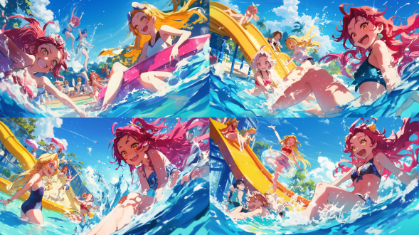 金色渐变红长发女孩与朋友在水上乐园嬉戏，穿着鲜艳泳衣，笑容灿烂，水花四溅，动态构图，明亮日光，高饱和度色彩，广角镜头，飞溅的水珠，欢乐氛围，逆光效果，湿发反光，滑梯背景，活泼表情，快速快门，夏日活力。