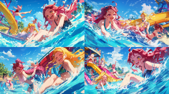 金色渐变红长发女孩与朋友在水上乐园嬉戏，穿着鲜艳泳衣，笑容灿烂，水花四溅，动态构图，明亮日光，高饱和度色彩，广角镜头，飞溅的水珠，欢乐氛围，逆光效果，湿发反光，滑梯背景，活泼表情，快速快门，夏日活力。