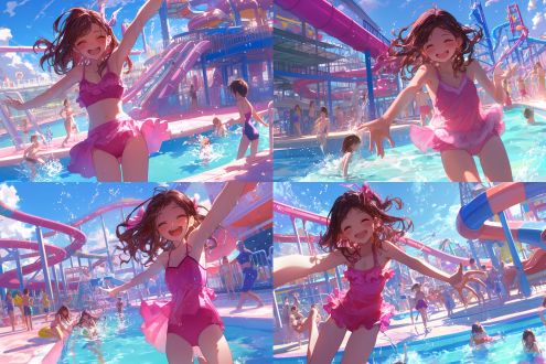 粉色渐变红长发女孩与朋友在水上乐园嬉戏，动态构图，明亮日光，高饱和度色彩，广角镜头，飞溅水珠，欢乐氛围，逆光效果，湿发反光，滑梯背景，活泼表情，快速快门，鲜艳泳衣，灿烂笑容，水花四溅，夏日活力，清晰细节，强烈光影，动感十足，温暖色调