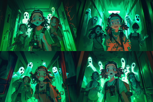 女孩和朋友们在鬼屋探险，神情紧张恐惧，身后浮现扭曲鬼脸和苍白鬼手，暗绿色调，低角度镜头，强烈阴影，动态模糊，阴森走廊，冷色调，广角畸变，恐怖氛围，红光点缀