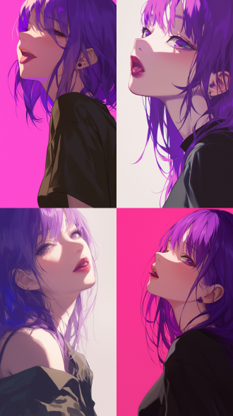 紫发美女，眼睛向上看，脸颊微红，吐出舌头