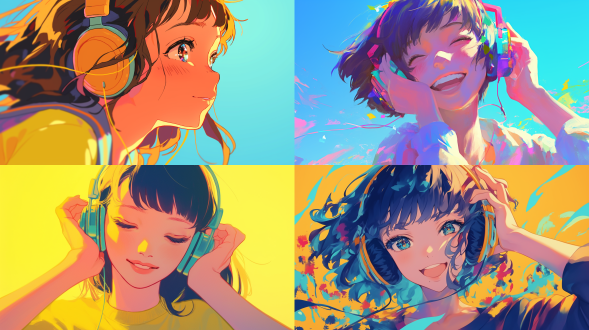 头戴无线耳机的美少女，微倾歌唱，对称构图，亮色，特写，欢快