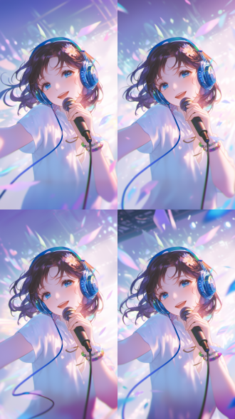 "头戴无线耳机手持麦克风，微倾歌唱，对称构图，亮色背景，特写镜头，欢快表情，舞台灯光，时尚穿搭，动态光影，虹彩色调，柔焦效果，近距离拍摄，高饱和度，活力四射，正面光，立体感，音乐氛围，沉浸感，愉悦情绪"