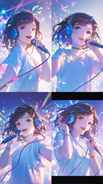 "头戴无线耳机手持麦克风，微倾歌唱，对称构图，亮色背景，特写镜头，欢快表情，舞台灯光，时尚穿搭，动态光影，虹彩色调，柔焦效果，近距离拍摄，高饱和度，活力四射，正面光，立体感，音乐氛围，沉浸感，愉悦情绪"