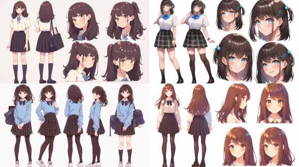 可爱动漫女孩，全身角色设定图，8k分辨率，正面、侧面、背面展示，精细服装设计，校服风格，甜美微笑，大眼睛，柔顺长发，明亮色彩，日系插画风格，高细节，柔和光晕，浅景深，白色背景，整洁线条，动漫渲染，丰富层次感，活泼可爱，青春活力