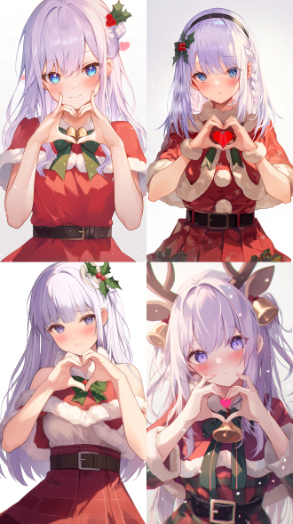 粉紫色头发的女孩，穿着圣诞短裙服装，双手比者爱心，脸颊泛着微红，在圣诞节的日子送上祝福