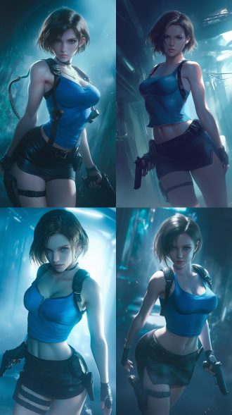 生化危机4艾什丽，黑暗实验室场景，冷色调，高对比度，艾什丽身穿蓝色上衣和短裙，表情紧张，手持手电筒，动态光影，电影感构图，35mm镜头，微光环境，神秘氛围，雾气环绕，紧张情绪，细节丰富，未来科技感，金属质感，蓝绿色调。