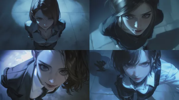 女性角色站立，中心构图特写，超仰视角，冷色调顶光，厚涂cg原画，游戏风格，优雅神态，面部特写