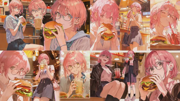 粉色少女穿短裙戴镜在汉堡店吃喝，三分构图，特写，室内暖光，鲜艳色，欢快，活泼动作，少女模样。