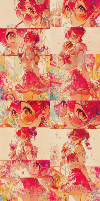 粉色少女短裙墨镜汉堡店吃喝，三分法构图，特写，室内暖光，鲜艳色彩，欢快氛围，活泼动作，少女模样，暖色调。