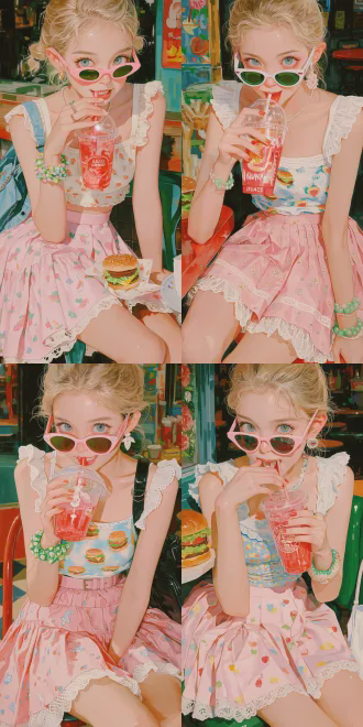 粉色少女短裙墨镜汉堡店吃喝，三分法构图，特写，室内暖光，鲜艳色彩，欢快氛围，活泼动作，少女模样，暖色调。
