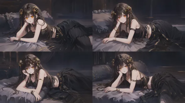 美少女似蕾姆，侧躺床上，盘发金饰，黑丝裙装，曲线优雅，昏暗灯光，神秘氛围，动漫cgi风，精细渲染，高质量。