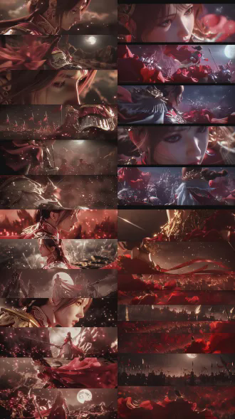 貂蝉，3d动漫写实风格，赤壁战场，动态特写，广角镜头，粒子特效，飘动红裙，忧郁表情，战火背景，冷兵器，月光照明，史诗感，红金配色，悲壮情绪，电影级画质，高分辨率，景深效果，历史战争场景，细腻纹理，情感张力。