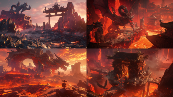 `cinematic masterpiece, chinese inferno forge panorama, volcano-peak angle, hyperrealistic unreal engine 5 render. bronze dragon spines twist through magma rivers, smog gradient from obsidian to bloodstone. demonic glare penetrate ash cyclones, projecting crimson claws onto basalt altars. sanskrit curses etched on smelting steles. texture hybrid charred sutra and molten bronze. volumetric sin smoke. breathtaking abyssal scale. trending on artstation. chinese aesthetics. no humans, animals, or faces