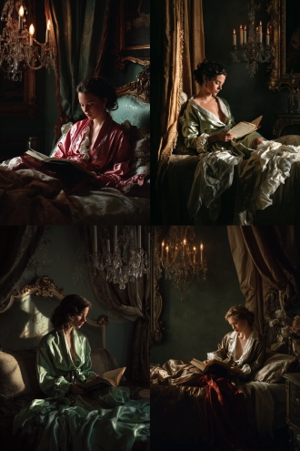 [柔光丝绸帷幔中的艺术肖像] • 拍摄场景：路易十五风格寝具，帷幔褶皱自然垂落 • 关键光影：维米尔窗光+烛台补光（光比1:3） • 人物姿态：侧卧阅读姿势，真丝睡袍自然滑落肩部 • 技术参数：哈苏x2d 80mm f/2.8 | 柯达portra400胶片质感 • 艺术参考：约翰·柯里尔古典油画笔触 • 安全控制：丝绸缠绕腰部形成自然遮挡