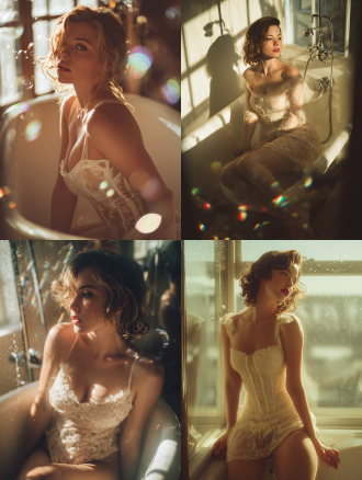 一位优雅的成年模特身着象牙白蕾丝镂空网格连体衣，搭配半透明丝质吊带袜，自然蜷卧在瓷白浴缸中。柔和的晨光透过双格窗斜射在橡木地板上，形成几何光斑。背景虚化的银铬花洒泛起虹彩光晕，雾气氤氲的镜面折射出朦胧倒影。浅景深镜头聚焦模特肩颈曲线，发丝沾染的水珠折射出星芒效果，薄纱材质在逆光中呈现半透明质感。哈苏自然色调还原肌肤暖调与冷色环境的微妙平衡，三分法构图使窗光对角线贯穿画面右翼。