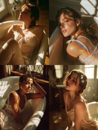 scene description: a model lies in an elegant and relaxed pose, naturally curled up in a smooth white bathtub. the soft morning light filters through the vintage double-paned windows, casting warm geometric light spots diagonally on the oak floor. in the background, the blurred silver shower head surface emits a rainbow-like aura, and the misty mirror reflects a blurred space reflection. clothing and details (safety description): the model is wearing a meticulously designed one-piece pajamas, featuring: exquisite mesh design: the fabric features finegrid textures. tie elements: shoulder straps and some structures incorporate clever tie details. lightweight sheer stockings: accompanied by semi- silk stockings that add a sense of depth. light and photography focus: the camera uses a shallow depth of field, focusing the visual attention on the model's elegant shoulder and neck lines. the slightly damp hair is dotted with glistening droplets, refracting fine starlight in the backlight. the sheer mesh fabric of the pajamas presents a soft semi- effect in the morning light, casting delicate textures on the skin as light penetrates. tone and composition: the overall tone of the image is natural and harmonious, as if captured by a hasselblad camera, accuratelying the warm jade-like luster of the model's skin and the subtle balance between the cool tones of the bathroom environment (such as the porcelain white bathtub, silver chrome shower head, and oak floor). the composition uses the classic rule of thirds, allowing the diagonal line formed by the iconic window light to naturally penetrate and illuminate the right side of the image.