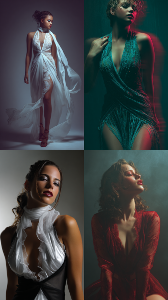 时尚模特肖像摄影::1.2解剖精度：清晰的锁骨轮廓，斜方肌至肩膀的渐变，脊椎s型曲线姿势——长宽比3:4服装工艺：v领几何设计，饰以尚蒂伊蕾丝边，网状织物巧妙留白，高开衩设计拉长下肢比例动态叙事：对立平衡体重转移，对侧手触碰锁骨上窝，丝绸围巾空中运动模糊大气光学：明暗对比照明，边缘光突出，浅景深散景，柯达portra 400胶片颗粒感造型协同：湿发造型，螺旋状发丝，哑光绯红唇色，虹彩眼皮高级参数：