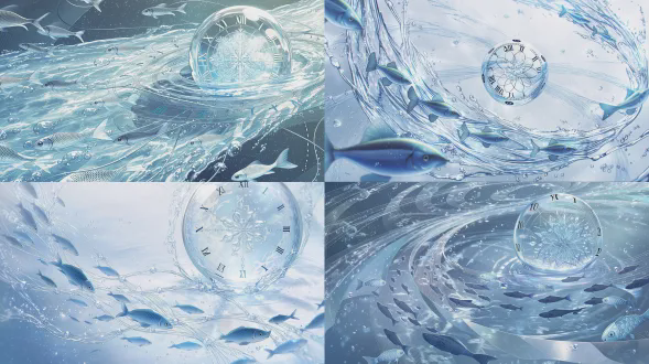 流动水银河面破裂重组，秒针鱼群银线穿梭，分针鱼刻度纹理缓游，时针鱼静止带罗马数字，捧水形成全息记忆球如雪花玻璃球内三维展开墨水星系，吉卜力混合达利超现实风格，广角镜头俯拍，柔光漫射，青灰主色调带银光，梦幻静谧。