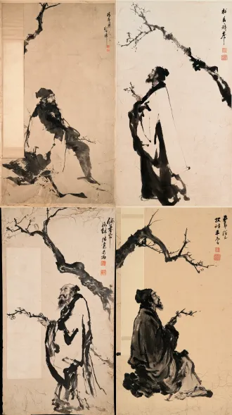中国大写意水墨人物画，写梅图，古代隐士文人，手持梅花枝干，人物造型夸张简淡，枯笔焦墨，奔放粗犷的书法性线条，大面积飞白笔触，泼墨写意，人物身侧悬挂一张空白的竖幅卷轴画，画轴内完全空白，上方伸出苍老遒劲梅花枯枝，没有梅花花朵，竖幅构图，大量画面留白，粗糙的手工麻纸基底，纸张可见植物纤维、老旧斑驳肌理，纯黑白水墨，右上角竖排毛笔行书题款，两方红色篆刻印章，意境孤寂怅惘，文人诗意，古朴苍劲，国画，写意，不写实，高质感，