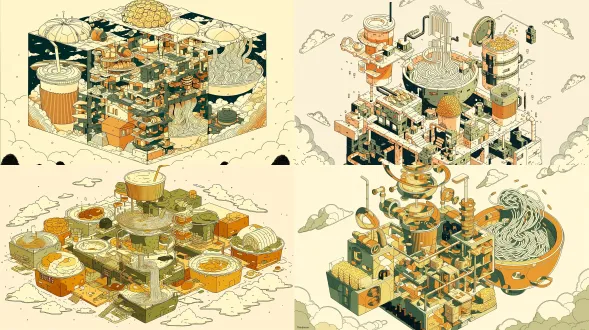 2027羊年新年礼盒封面，解构风超现实主义插画，极繁主义，lebbeus woods式碎裂建筑幻想与手绘细线。画面是一座被解构的便利店建筑群：包子穹顶被切成错位剖面，褶皱变成断裂拱肋；一次性纸杯热饮塔楼的杯身瓦楞纸套裂解为悬浮环片，杯盖穹顶脱离塔身，吸管成为断裂空中管道；一次性纸杯关东煮建筑的纸杯基座被斜切，杯口插着的竹轮管塔、鱼丸球馆、萝卜方块、昆布螺旋塔以锐角错位堆叠；热干面碗严重倾斜，碗壁裂开，面条从裂缝汇成一条悬浮河流，卷曲纹理清晰；玉米塔的玉米粒变成发光碎片窗；饭团只作为远处少量黑色碎石堡垒。暖赭、墨绿、奶油白、暗金，石墨排线阴影，反重力悬浮碎片与脚手架管线外露，方形构图，中央解构建筑群极繁，四边以云层和低矮天际线收束留白，无文字，无logo。