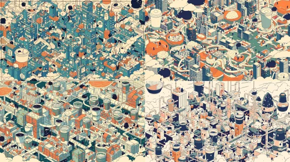2027羊年新年礼盒封面，解构风超现实主义插画，极繁主义，moebius式干净细线、超现实空间与解构城市总谱。整幅是一座由不同产品解构拼合的城市：包子穹顶群以错位剖面悬浮，一次性纸杯热饮塔楼以杯套环片和吸管管道穿插，一次性纸杯关东煮建筑以纸杯基座和竹轮/鱼丸/萝卜/昆布结形成碎片街区，玉米摩天楼以颗粒开窗，热干面碗巨大倾斜，面条分叉为河流与高架步道，串联所有建筑。饭团仅作远处几座黑色小堡垒。画面散布微小人物剪影、推车与货架摊位。低饱和蓝紫、暖橙、奶油白、墨绿，细线密度极高但干净，方形或竖版，边缘以低矮天际线与云收束，无文字，无logo。