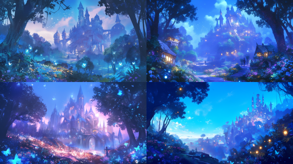 奇幻世界，蓝色调，童话森林，梦幻意境，五颜六色鲜花，欧式城堡，傍晚，荧火虫飞舞，美丽震撼，细节丰富，广角镜头，柔和光线，自然光，仰视视角，色彩鲜艳，神秘感。